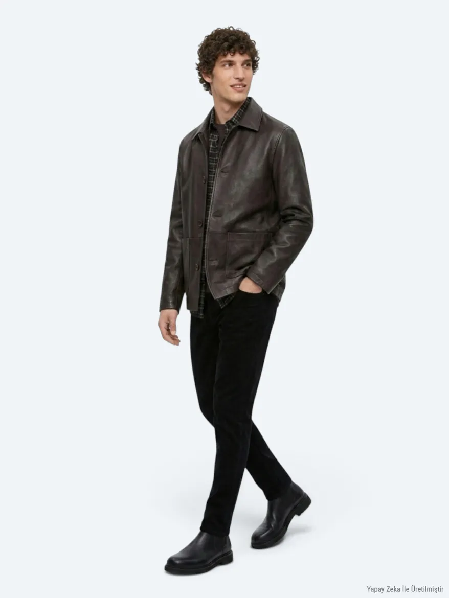 Kahverengi Regular Fit Gömlek Yaka Casual Deri Deri Mont - 6