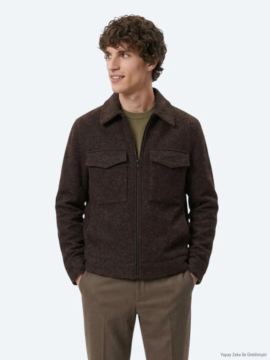 Kahverengi Regular Fit Gömlek Yaka Casual Dokuma Mont - 1
