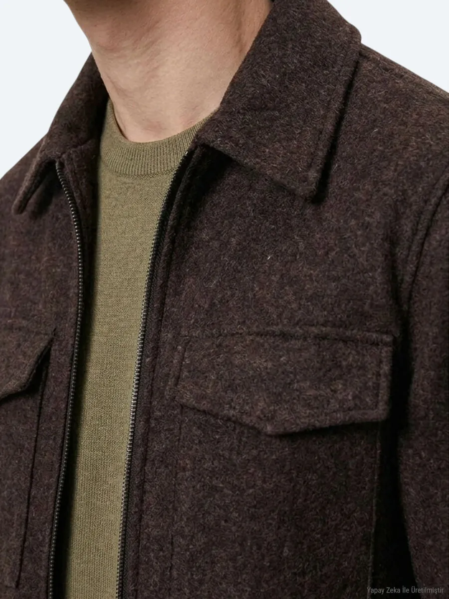 Kahverengi Regular Fit Gömlek Yaka Casual Dokuma Mont - 4