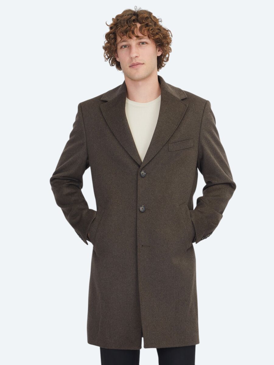 Kahverengi Regular Fit Kruvaze Yaka Casual Dokuma Palto - 1