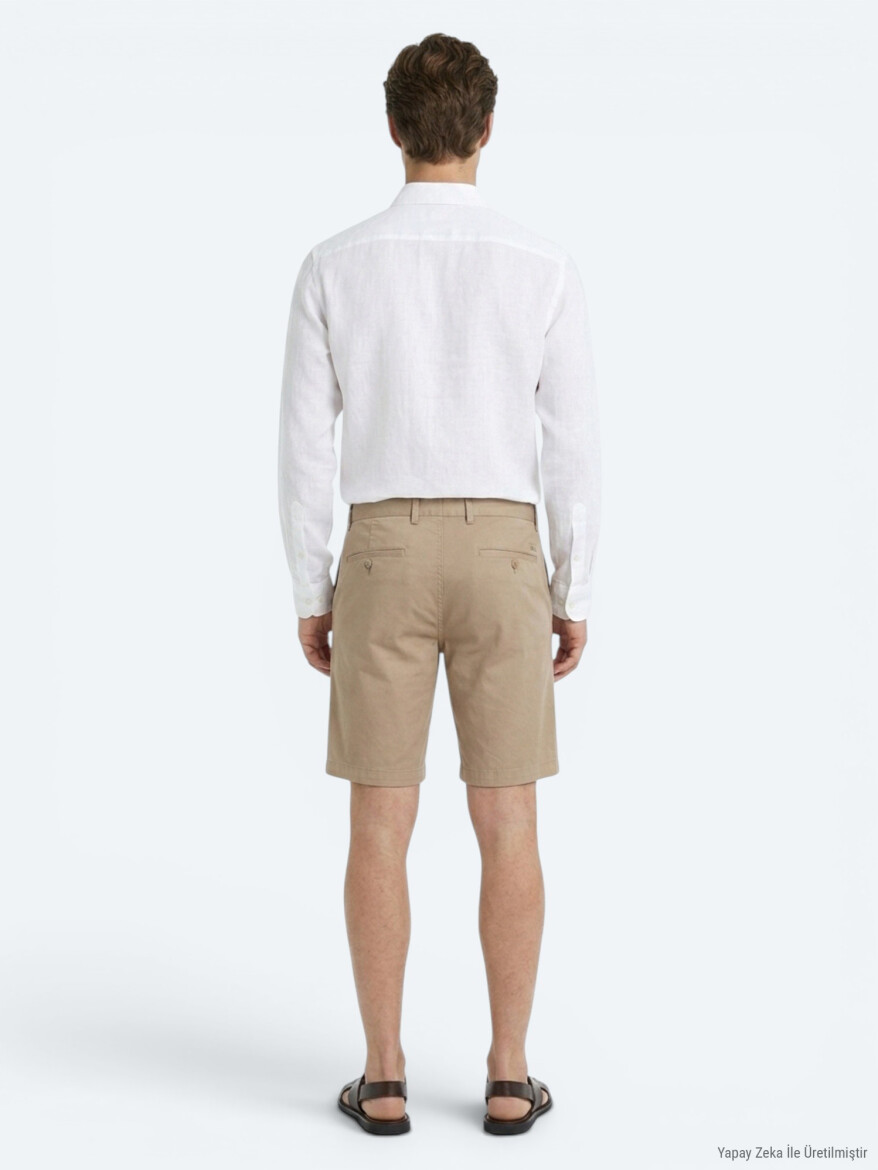 Karamel Düz Kumaş Jogging Fit Casual Bermuda - 4