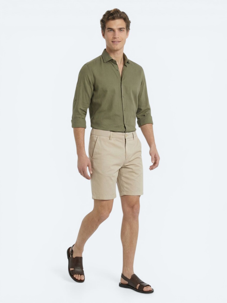 Karamel Düz Kumaş Jogging Fit Casual Pamuk Karışımlı Bermuda - 3