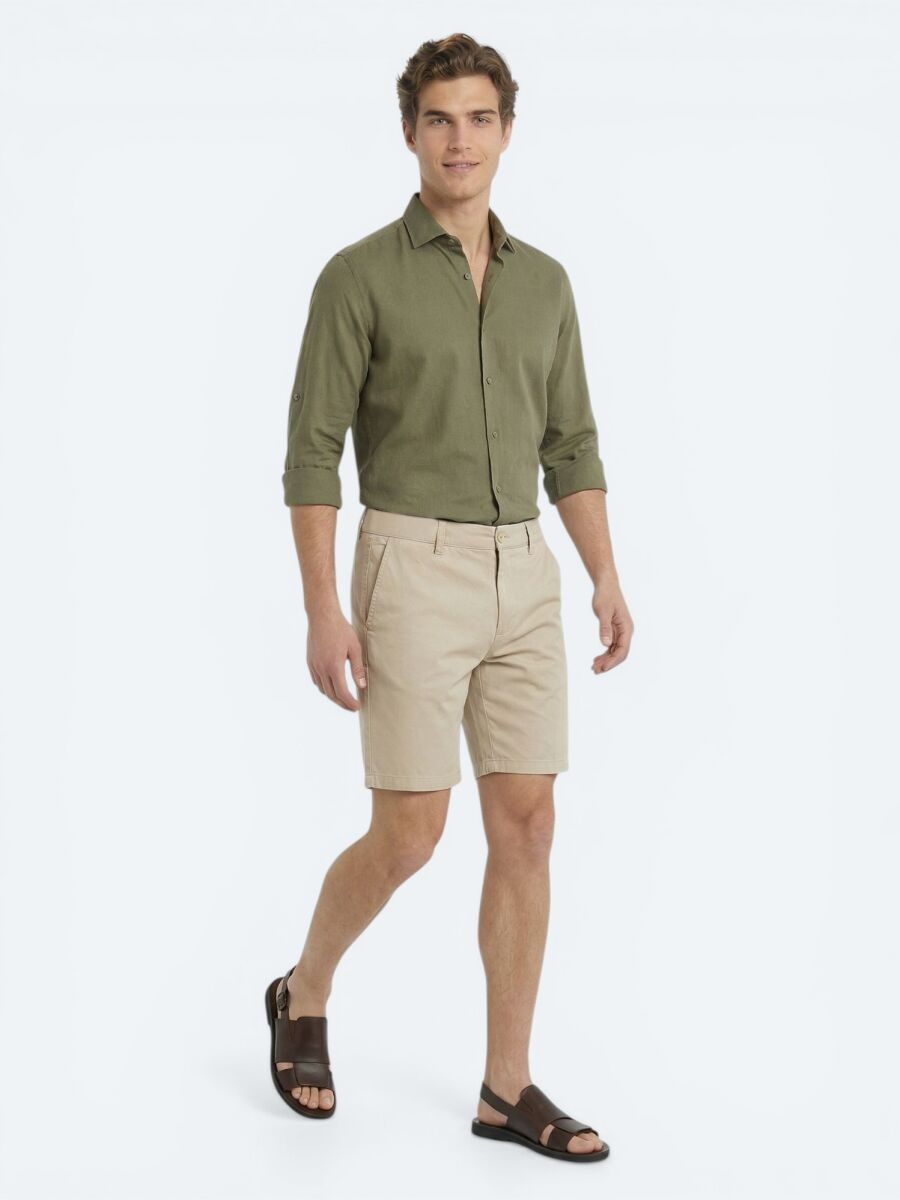 Karamel Düz Kumaş Jogging Fit Casual Pamuk Karışımlı Bermuda - 3