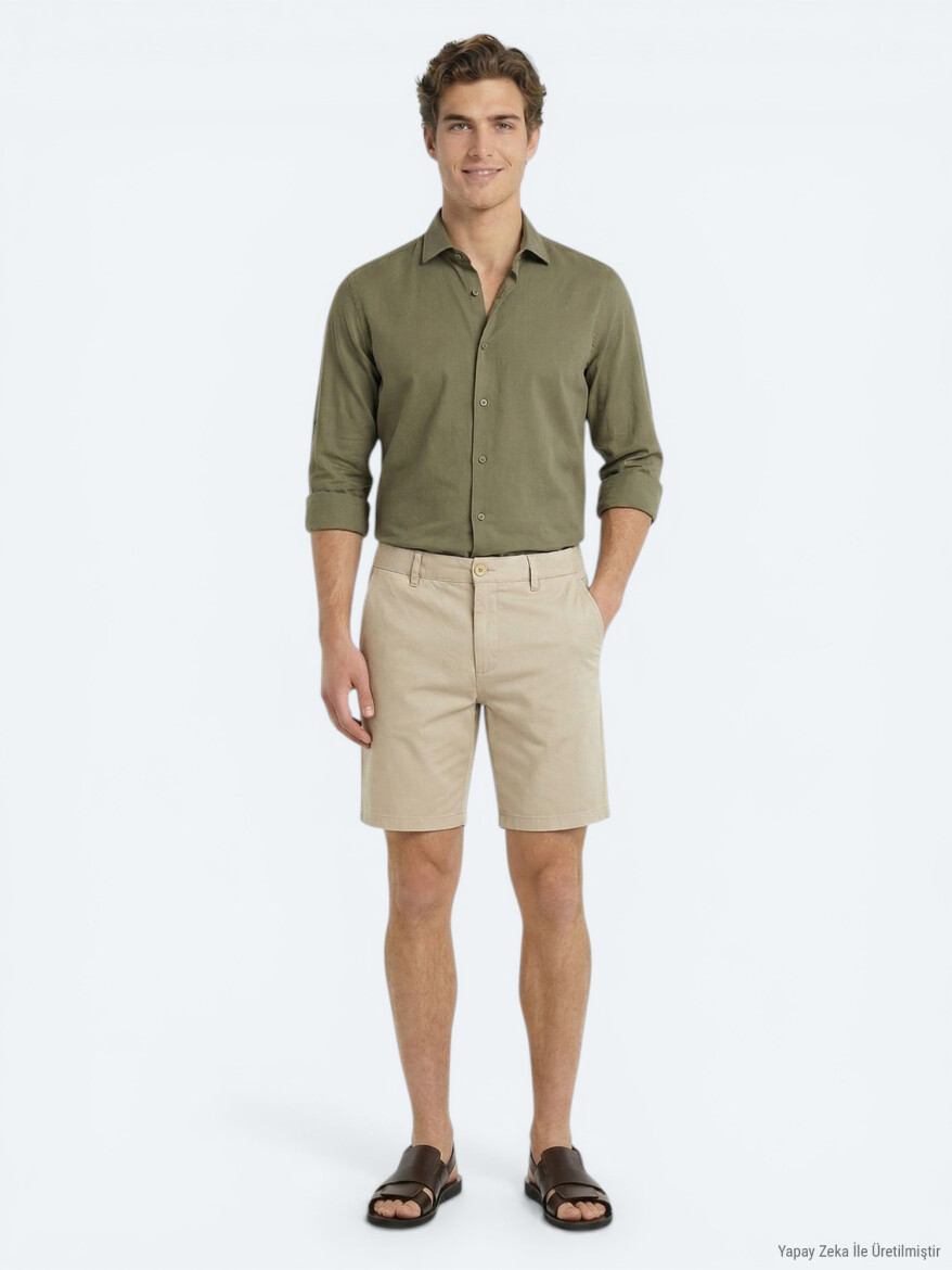 Karamel Düz Kumaş Jogging Fit Casual Pamuk Karışımlı Bermuda - KİP