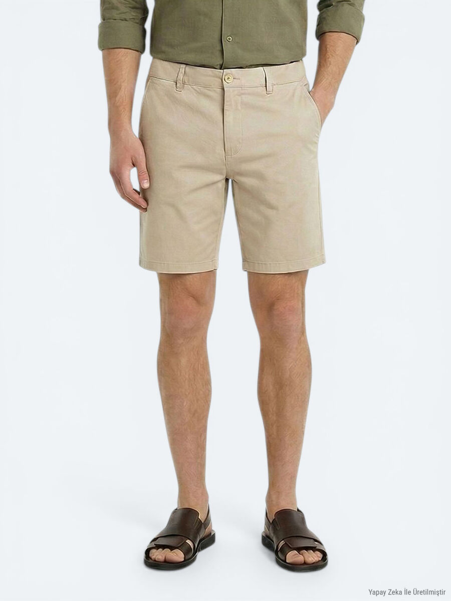 Karamel Düz Kumaş Jogging Fit Casual Pamuk Karışımlı Bermuda - 2