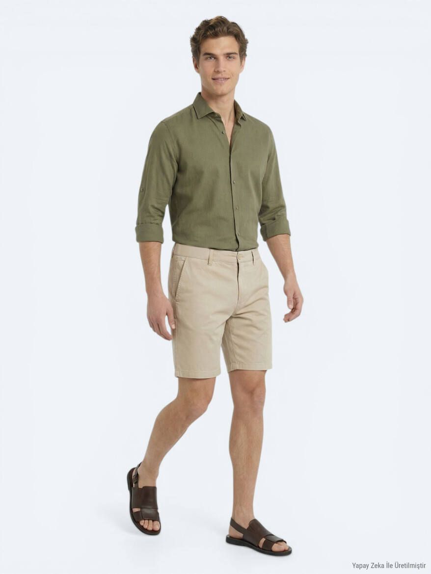 Karamel Düz Kumaş Jogging Fit Casual Pamuk Karışımlı Bermuda - 3
