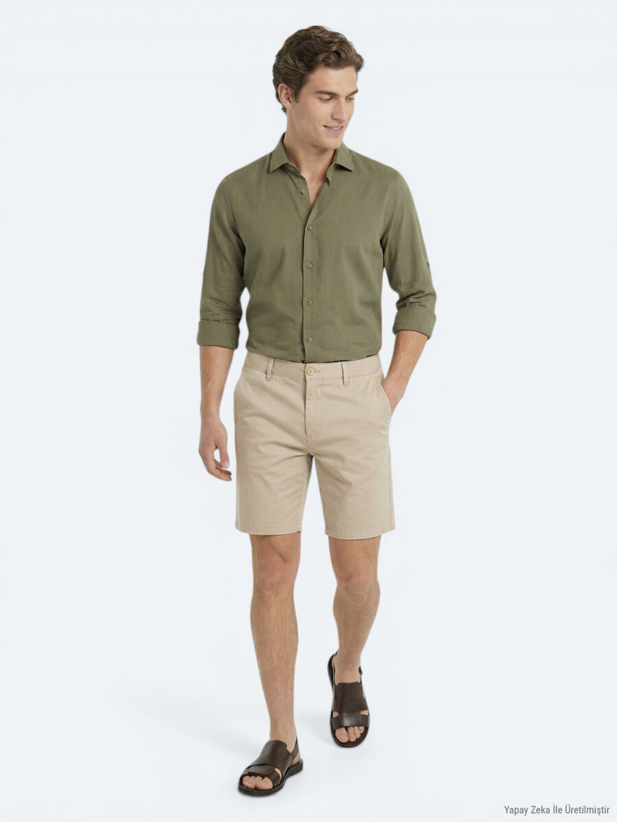 Karamel Düz Kumaş Jogging Fit Casual Pamuk Karışımlı Bermuda - 4