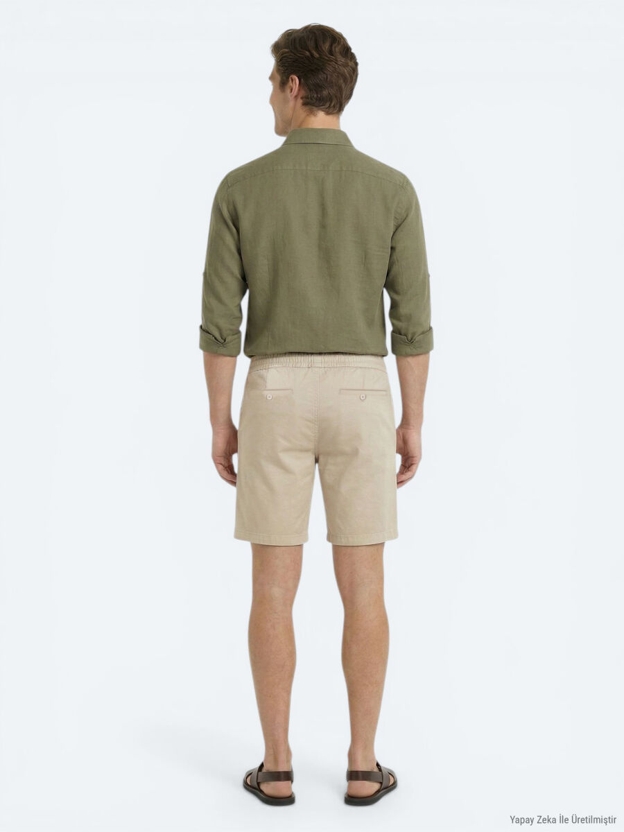 Karamel Düz Kumaş Jogging Fit Casual Pamuk Karışımlı Bermuda - 5
