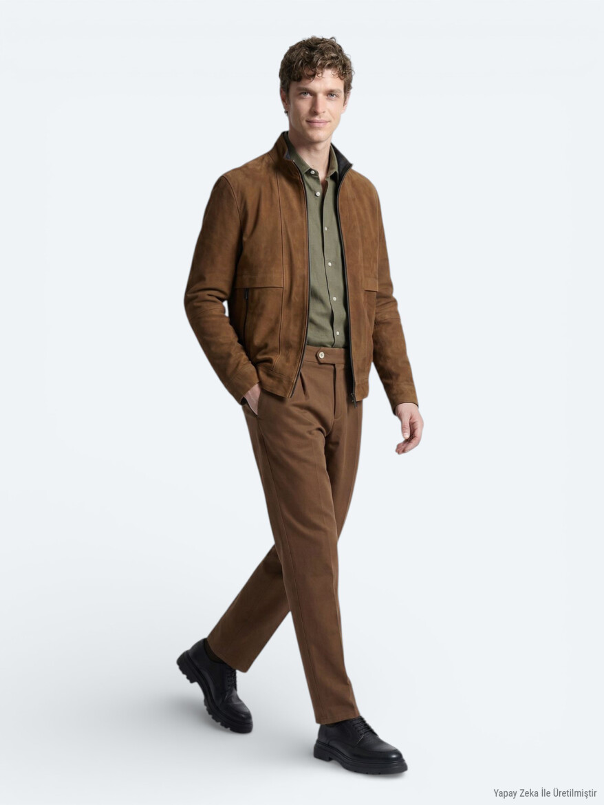 Karamel Regular Fit Dik Yaka Casual Deri Mont - 3