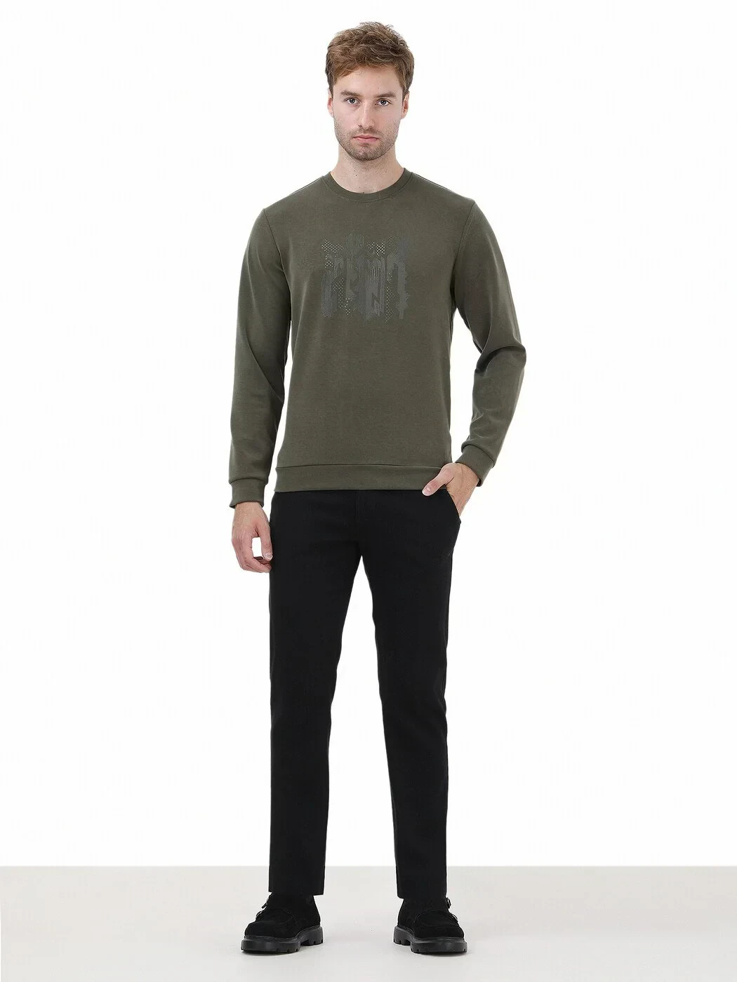 Khaki Crew Neck Printed Sweatshirt - 2