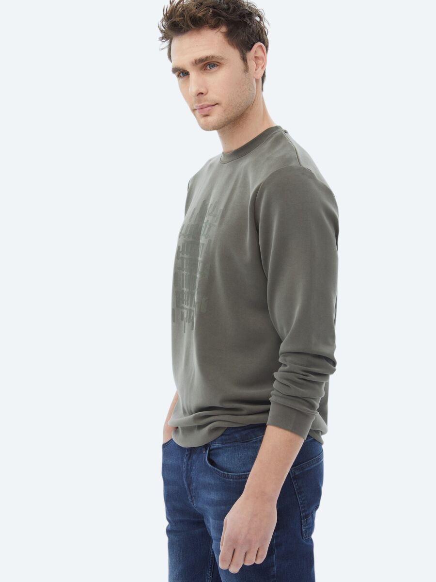 Khaki Crew Neck Printed Sweatshirt - 2