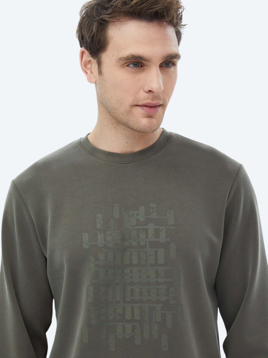 Khaki Crew Neck Printed Sweatshirt - 6