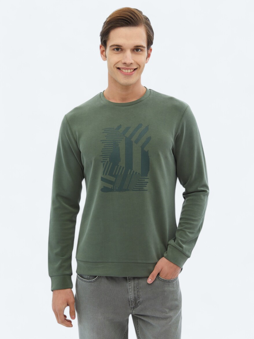 Khaki Crew Neck Printed Sweatshirt - 1