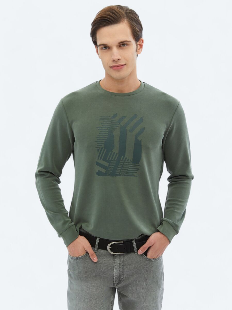Khaki Crew Neck Printed Sweatshirt - 3