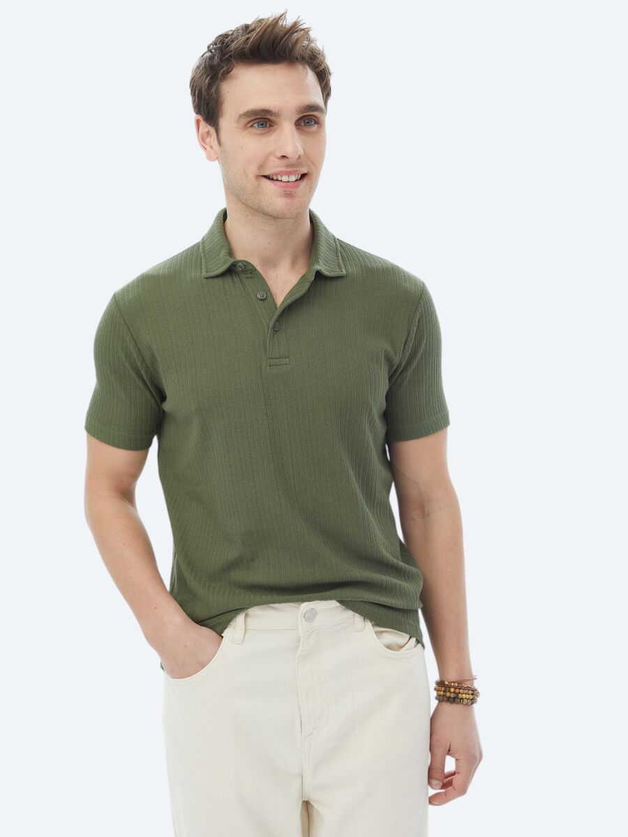 Khaki Jacquard Polo Neck Cotton Blended T-Shirt - 1