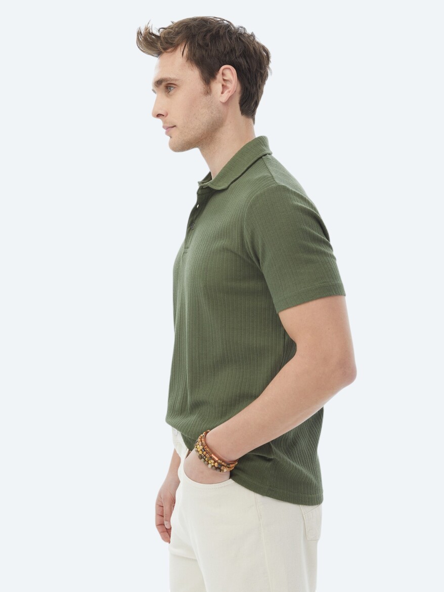 Khaki Jacquard Polo Neck Cotton Blended T-Shirt - 3