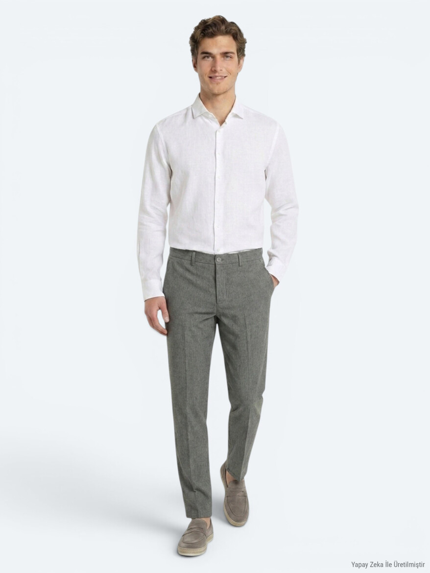 Khaki Material Relaxed Fit Casual Linen Blended Trousers 