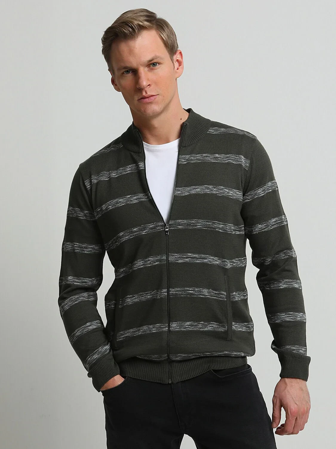 Khaki Mock-Turtleneck Striped Cotton Blended Cardigan - 1