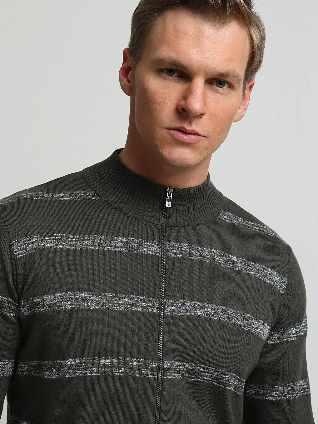 Khaki Mock-Turtleneck Striped Cotton Blended Cardigan - 2