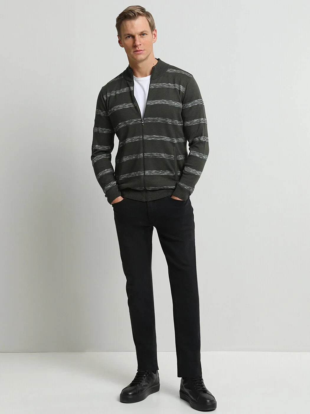 Khaki Mock-Turtleneck Striped Cotton Blended Cardigan - 3