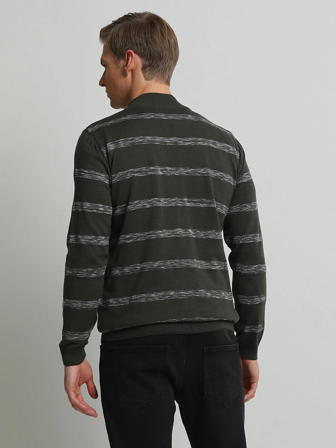 Khaki Mock-Turtleneck Striped Cotton Blended Cardigan - 4