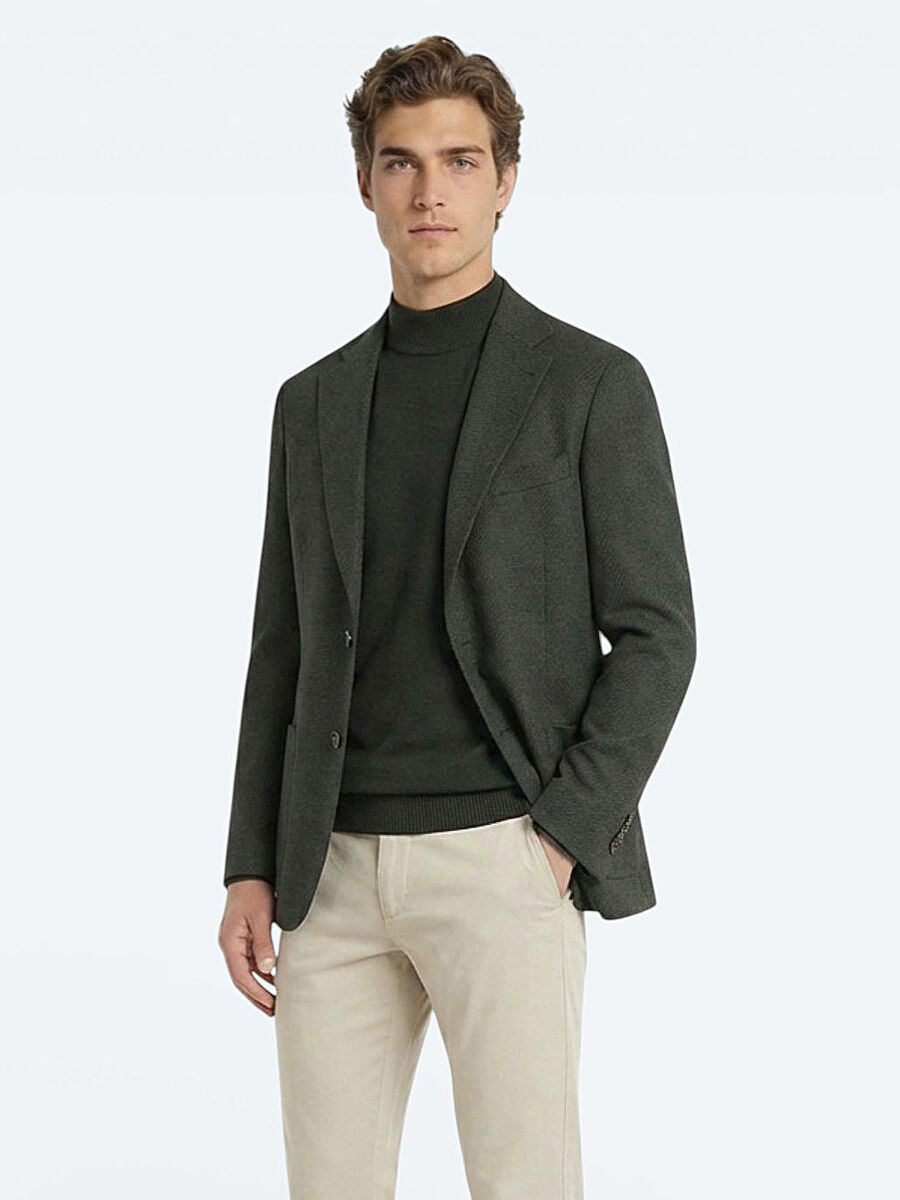 Khaki Modern Fit Wool Blended Jacket - 1