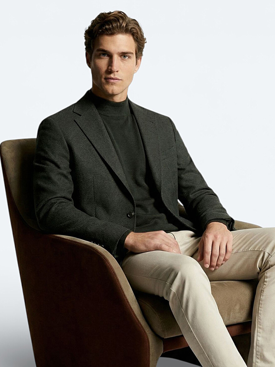 Khaki Modern Fit Wool Blended Jacket - 5