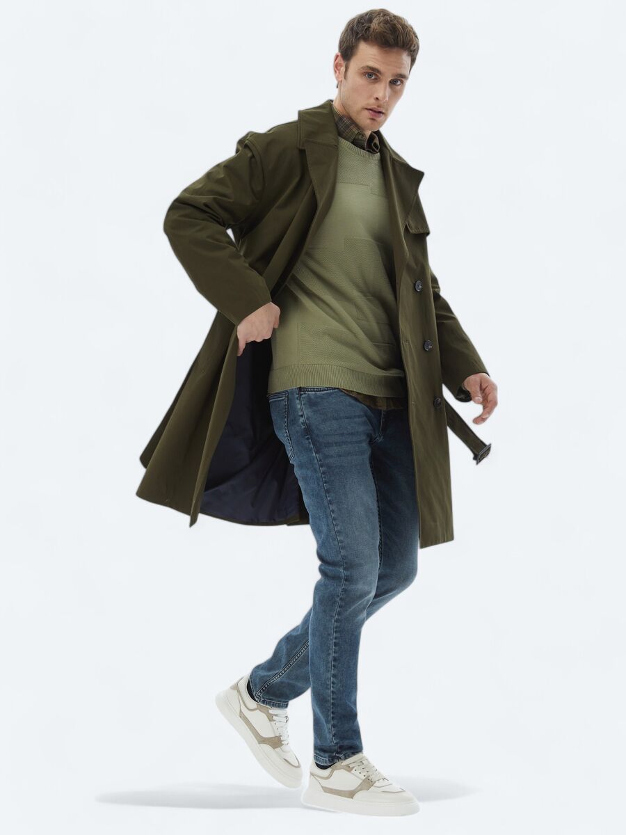 Khaki Oversize Fit Double Breasted Collar Casual Weaving Rain Coat - 2