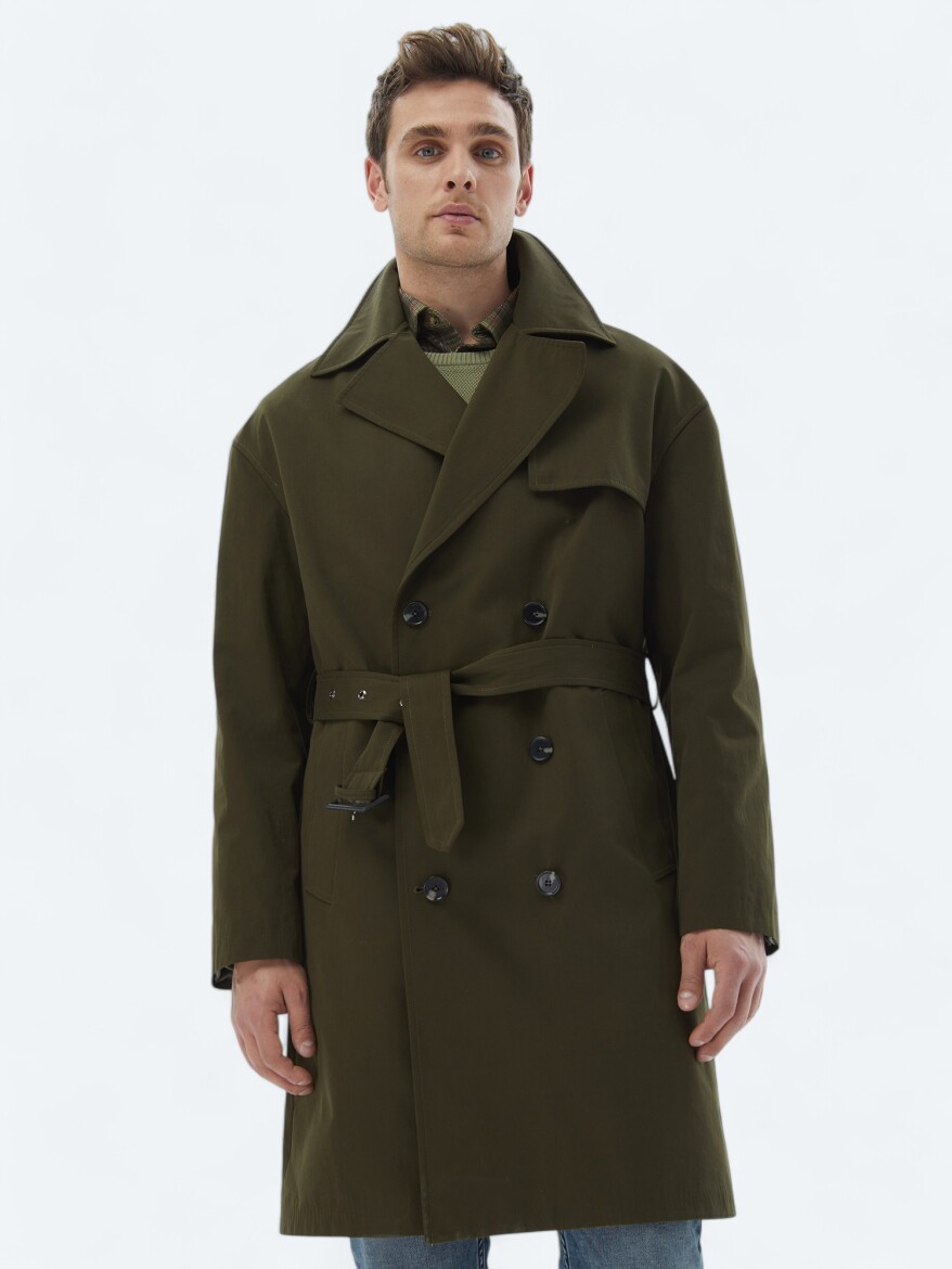 Khaki Oversize Fit Double Breasted Collar Casual Weaving Rain Coat - 5