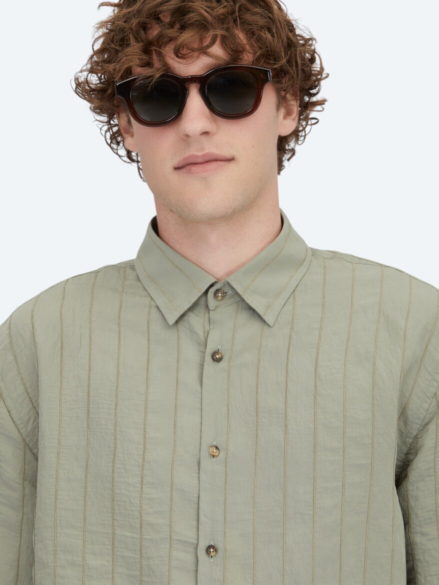 Khaki Oversize Fit Long Weaving Casual Shirt - 3