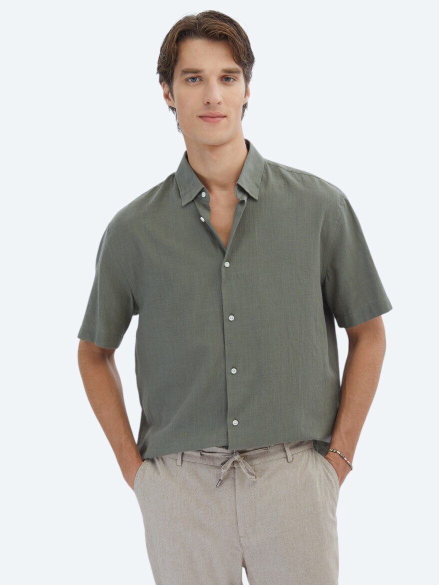 Khaki Oversize Fit Short Weaving Casual 100% Cotton Shirt - 1