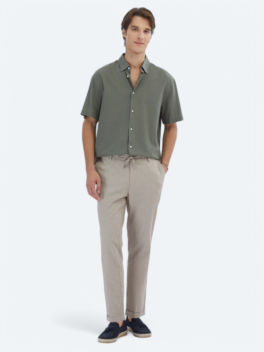 Khaki Oversize Fit Short Weaving Casual 100% Cotton Shirt - 2