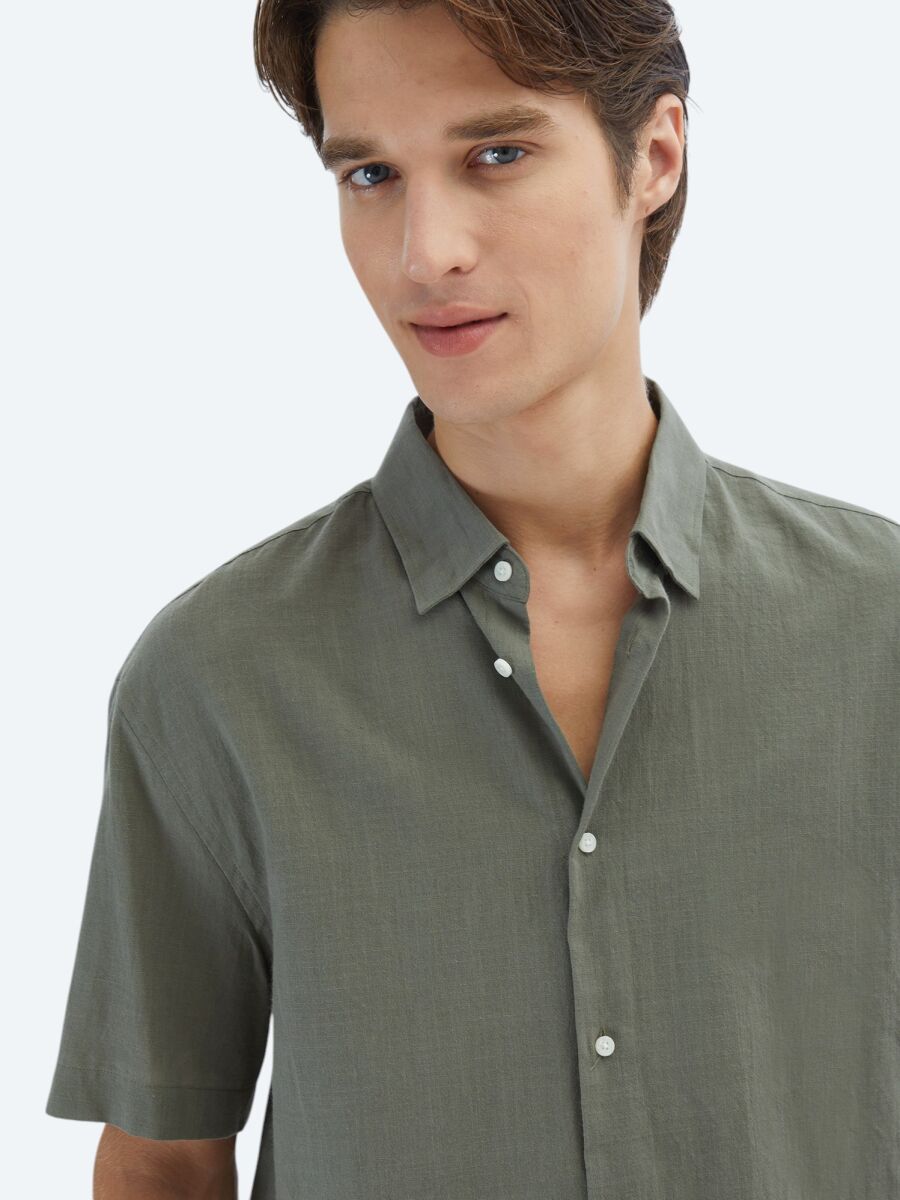 Khaki Oversize Fit Short Weaving Casual 100% Cotton Shirt - 3