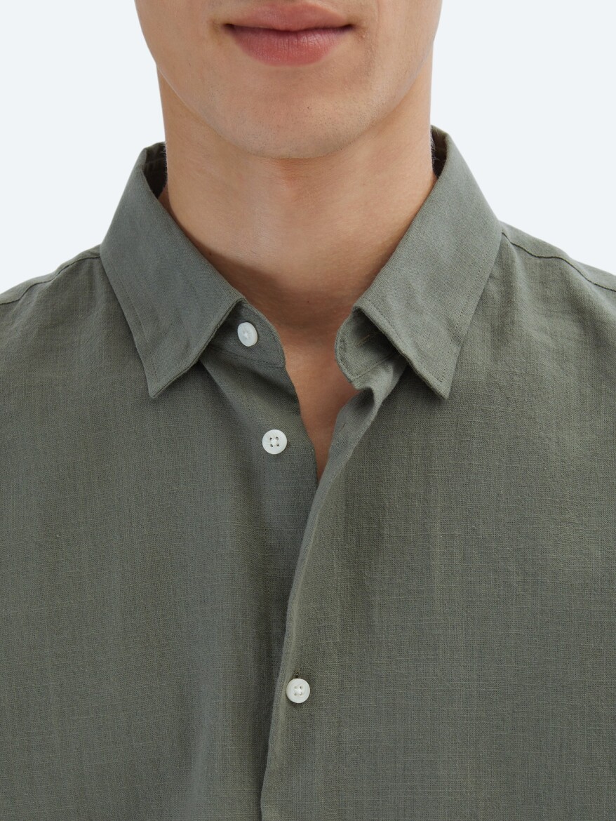 Khaki Oversize Fit Short Weaving Casual 100% Cotton Shirt - 4