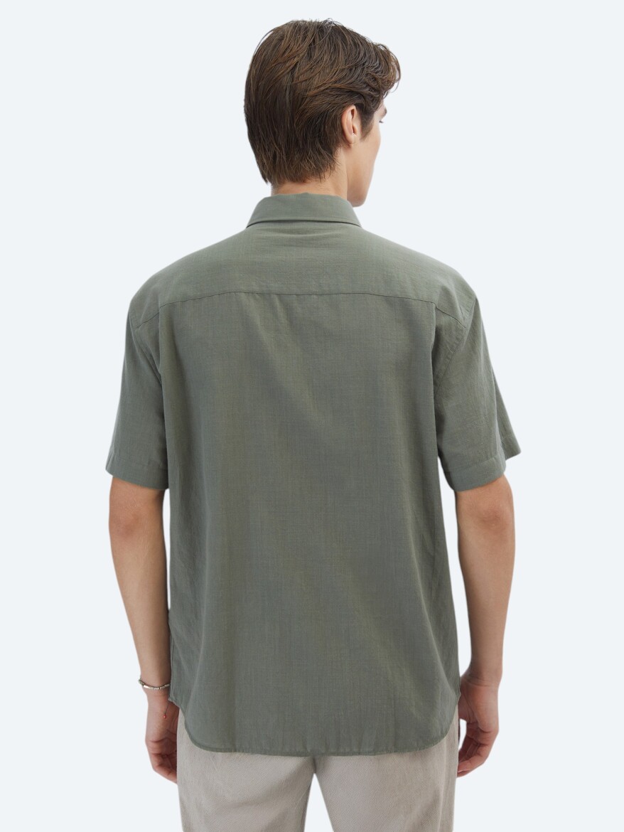 Khaki Oversize Fit Short Weaving Casual 100% Cotton Shirt - 5