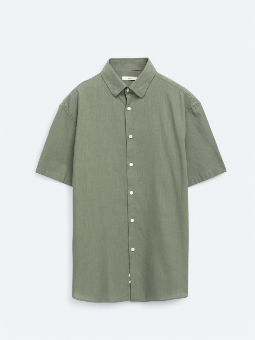 Khaki Oversize Fit Short Weaving Casual 100% Cotton Shirt - 6