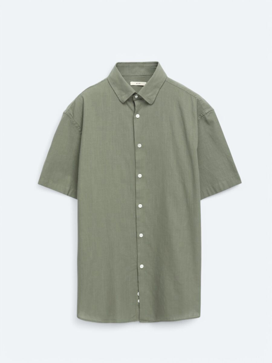 Khaki Oversize Fit Short Weaving Casual 100% Cotton Shirt - 6