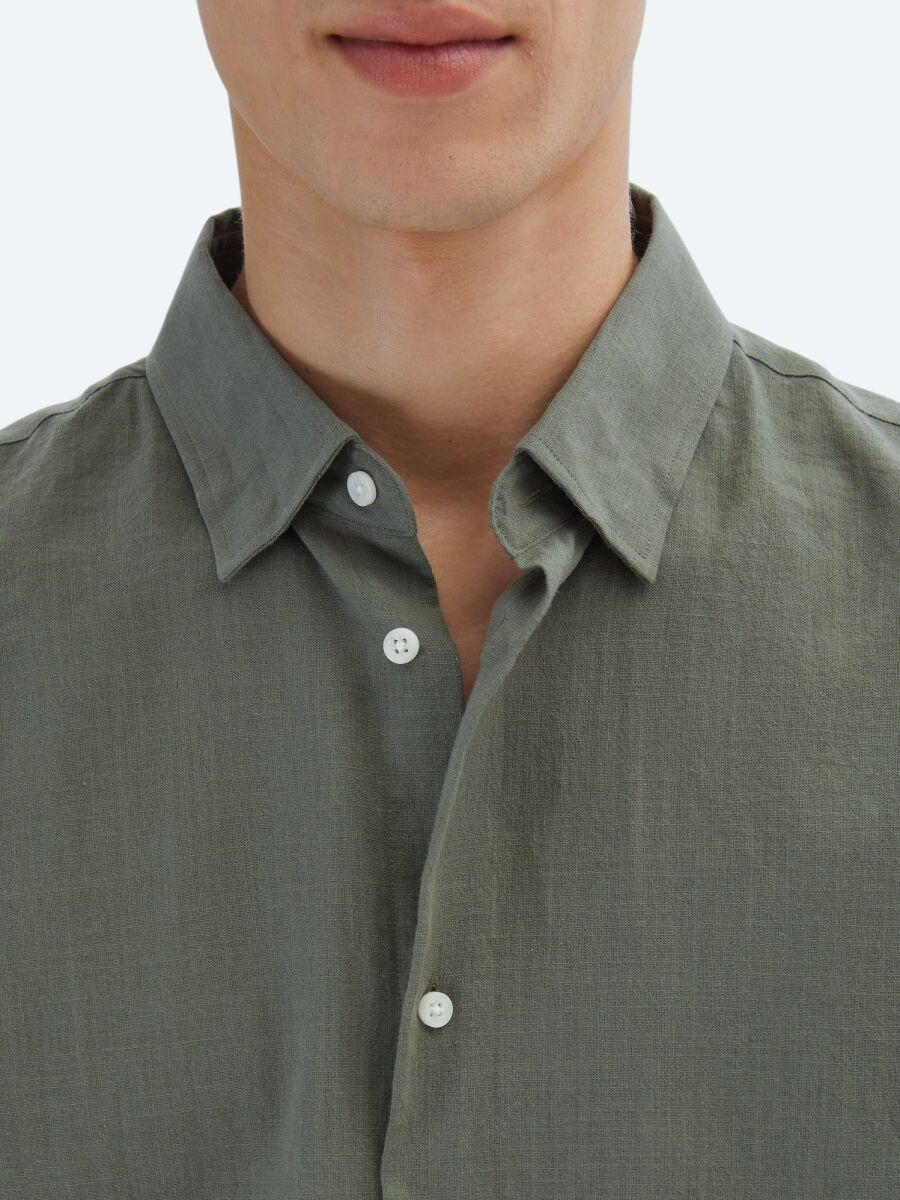 Khaki Oversize Fit Weaving Casual 100% Cotton Shirt - 4