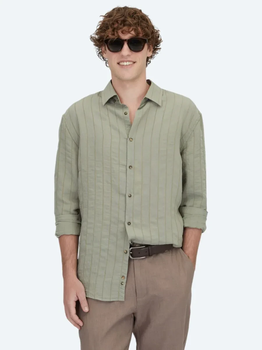 Khaki Oversize Fit Weaving Casual Shirt - 1