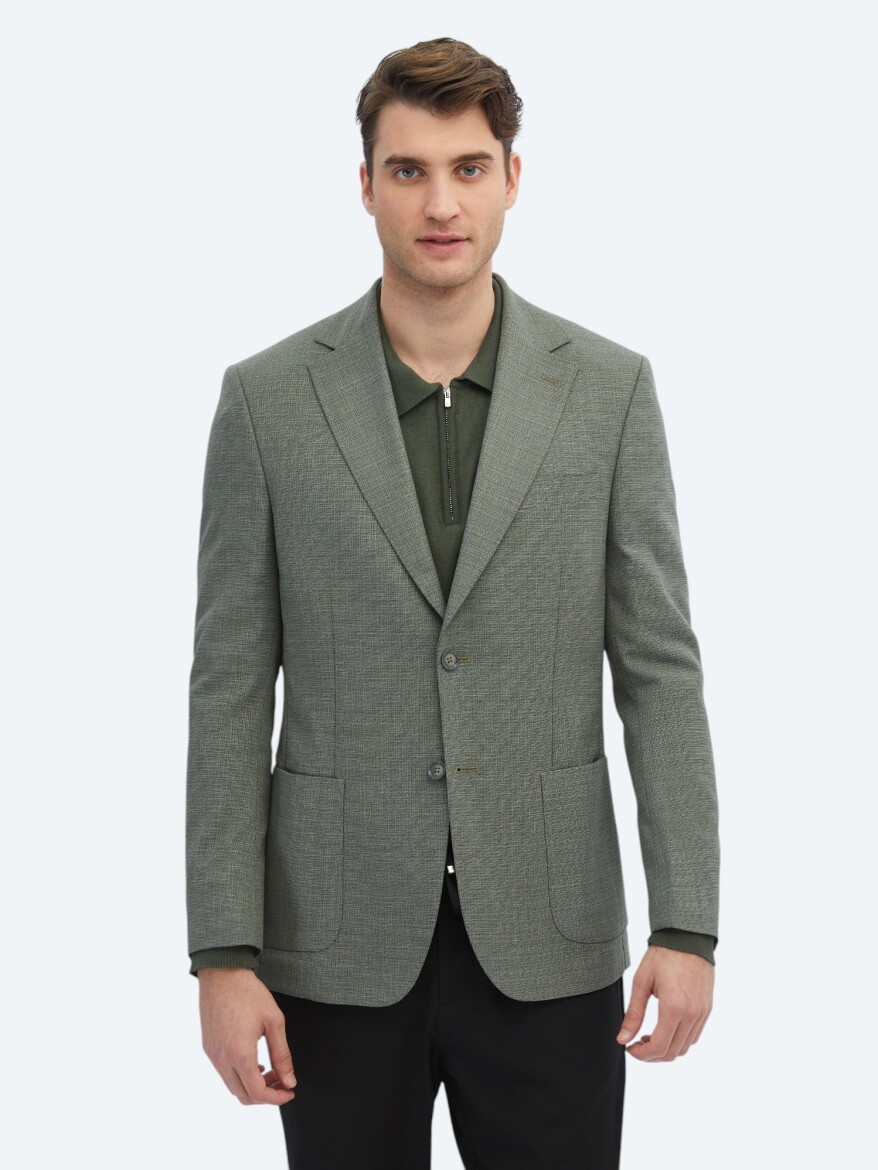 Khaki Patterned Modern Fit Jacket - 1