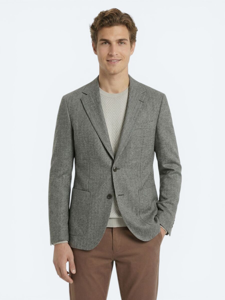 Khaki Patterned Modern Fit Linen Blended Jacket - 1