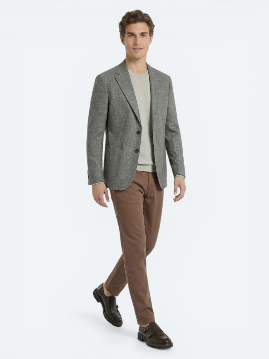 Khaki Patterned Modern Fit Linen Blended Jacket - 2