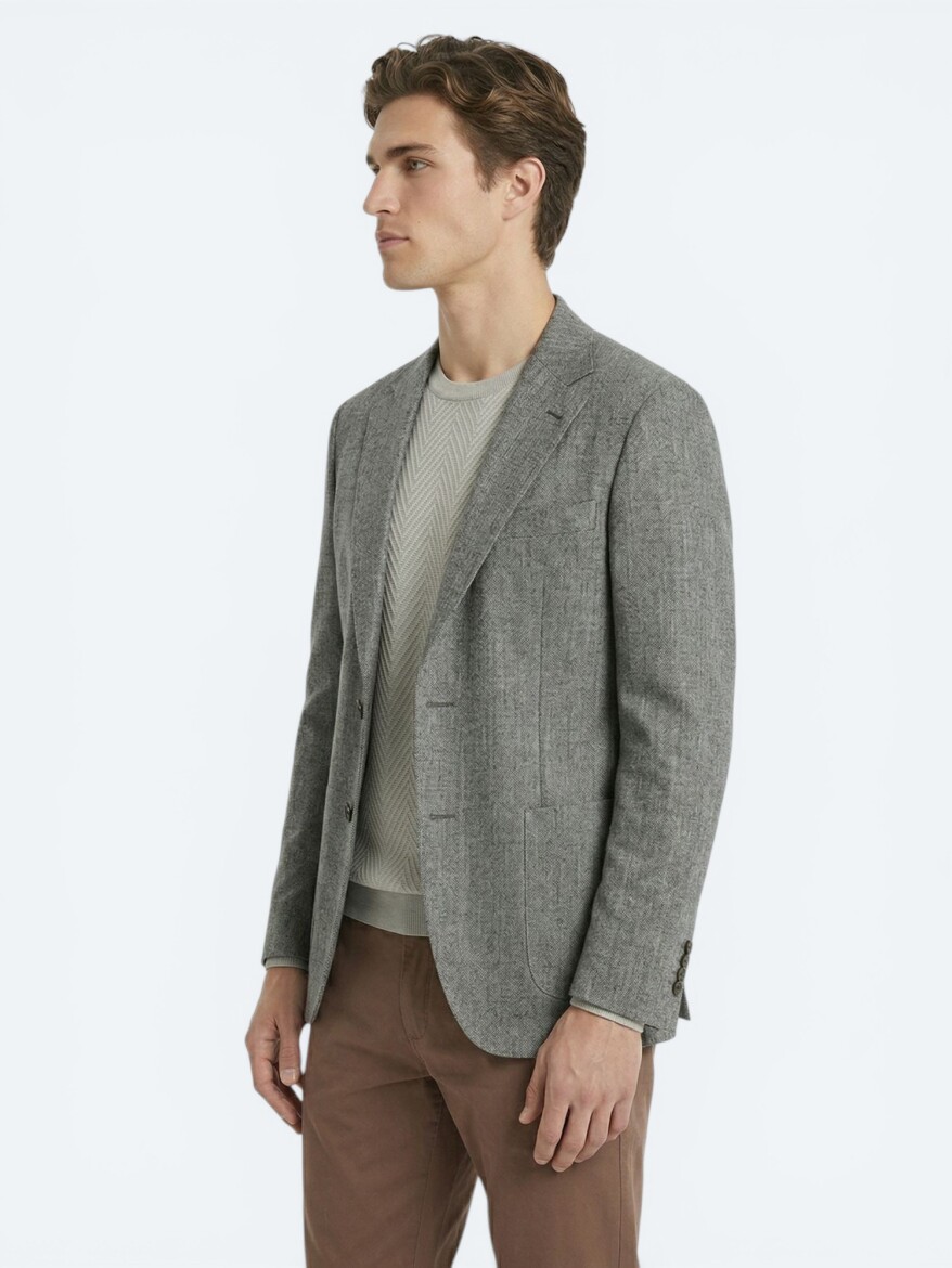 Khaki Patterned Modern Fit Linen Blended Jacket - 3