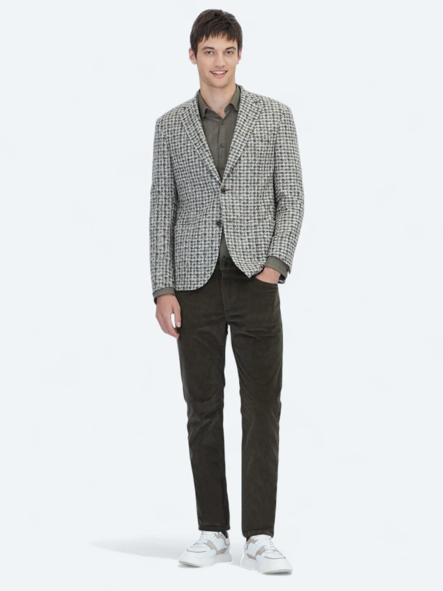 Khaki Patterned Modern Fit Wool Blended Jacket - 2