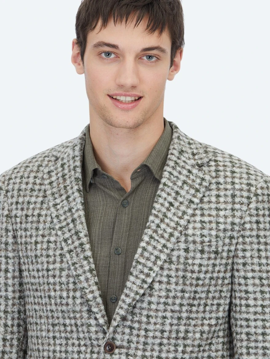 Khaki Patterned Modern Fit Wool Blended Jacket - 4