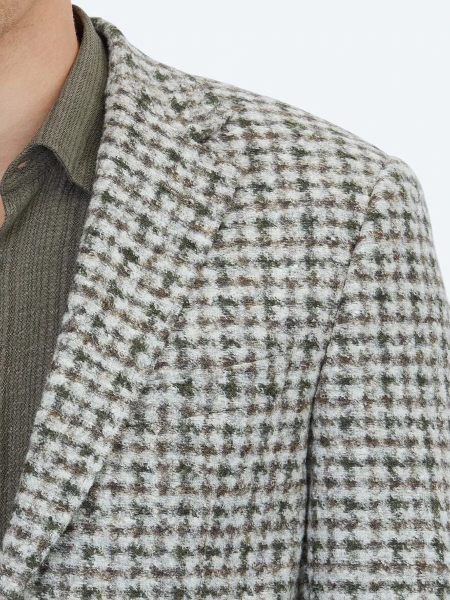Khaki Patterned Modern Fit Wool Blended Jacket - 5
