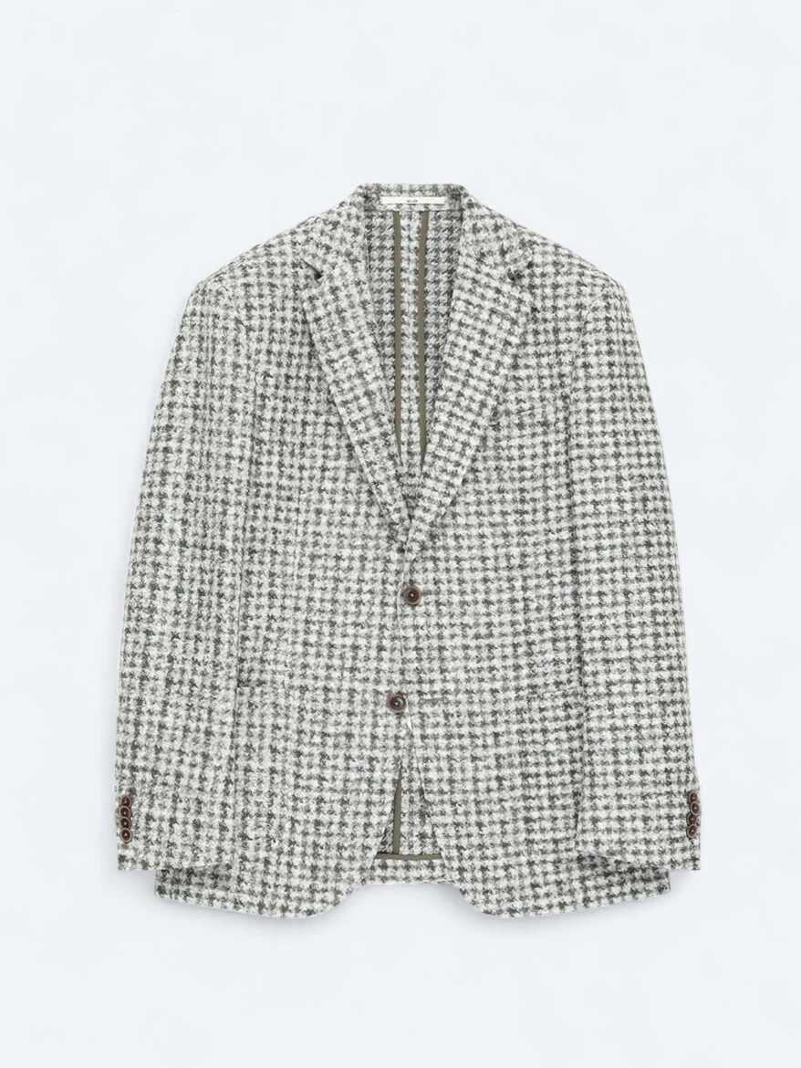 Khaki Patterned Modern Fit Wool Blended Jacket - 7