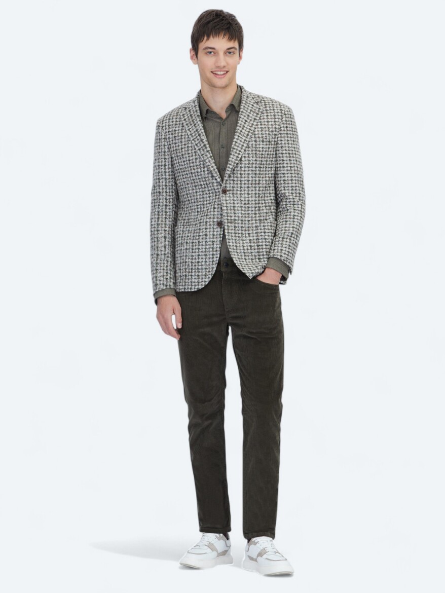 Khaki Patterned Modern Fit Wool Blended Jacket - 2