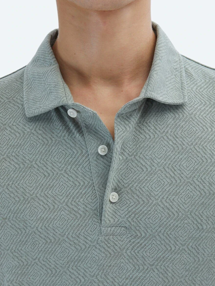 Khaki Patterned Polo Neck Cotton Blended T-Shirt - 6