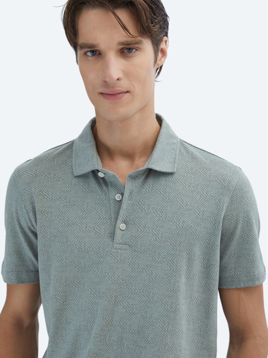 Khaki Patterned Polo Neck Cotton Blended T-Shirt - 4
